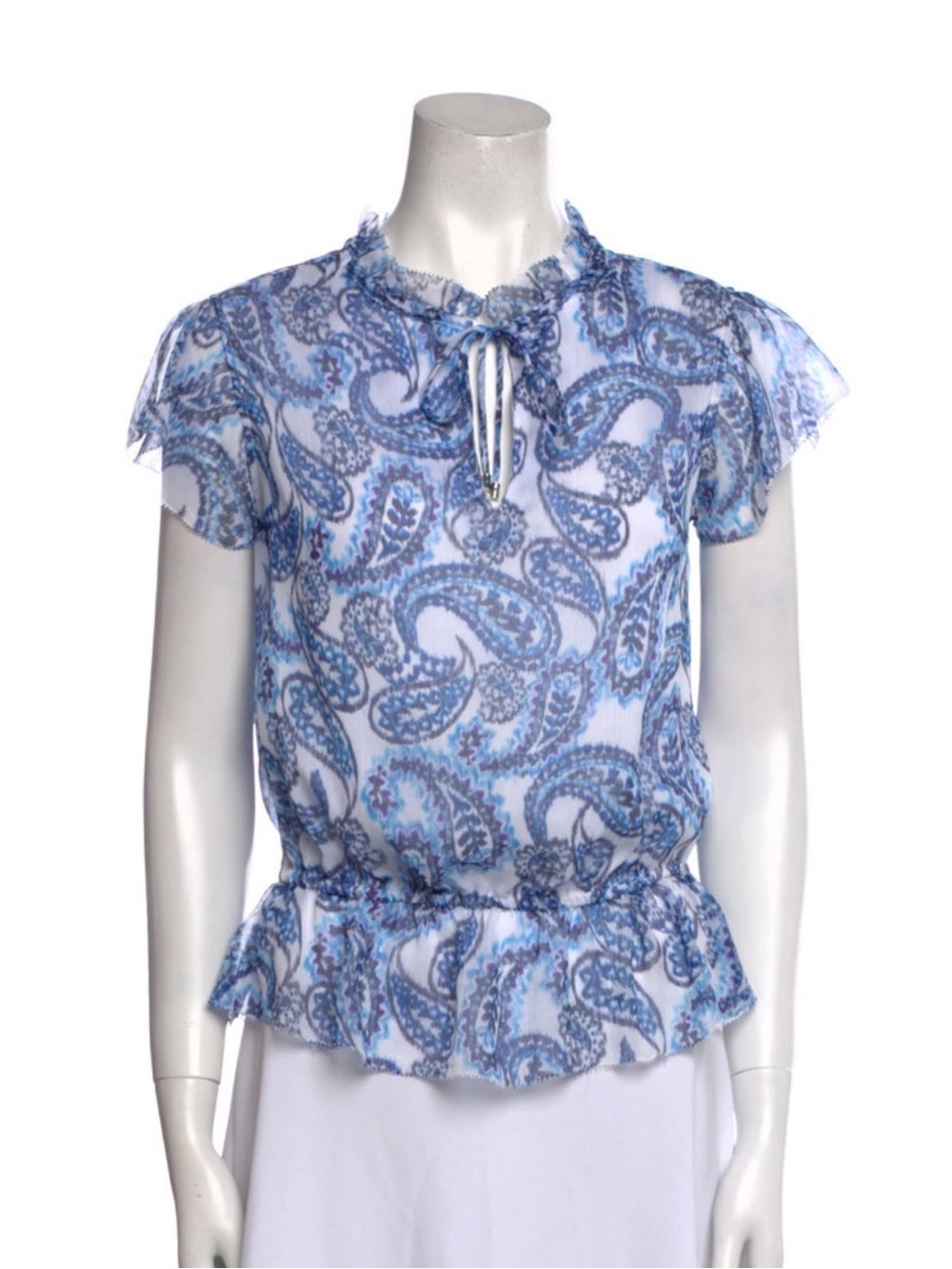 Vintage Ralph Lauren Blue Paisley Flutter Sleeve Peplum Blouse Size XS